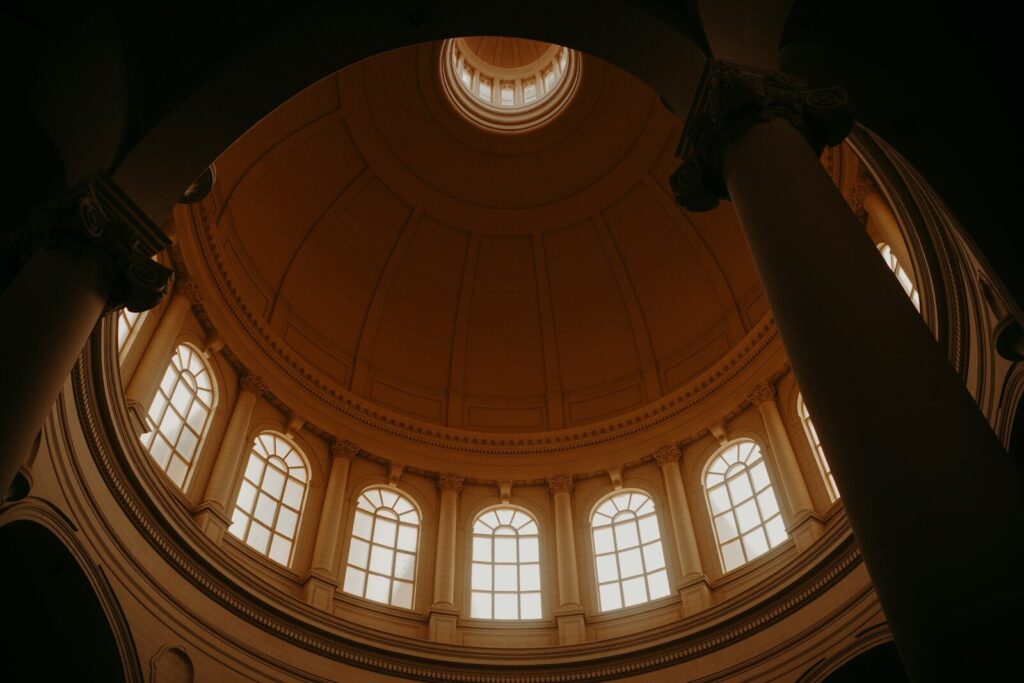 A view of the ceiling of a large building